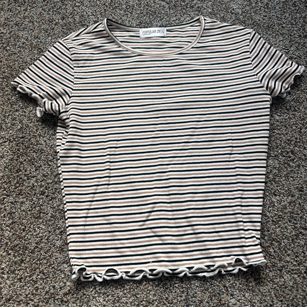 Popular 21 Striped Ruffle Sleeve Tee lettuce edge crop top size large multicolor